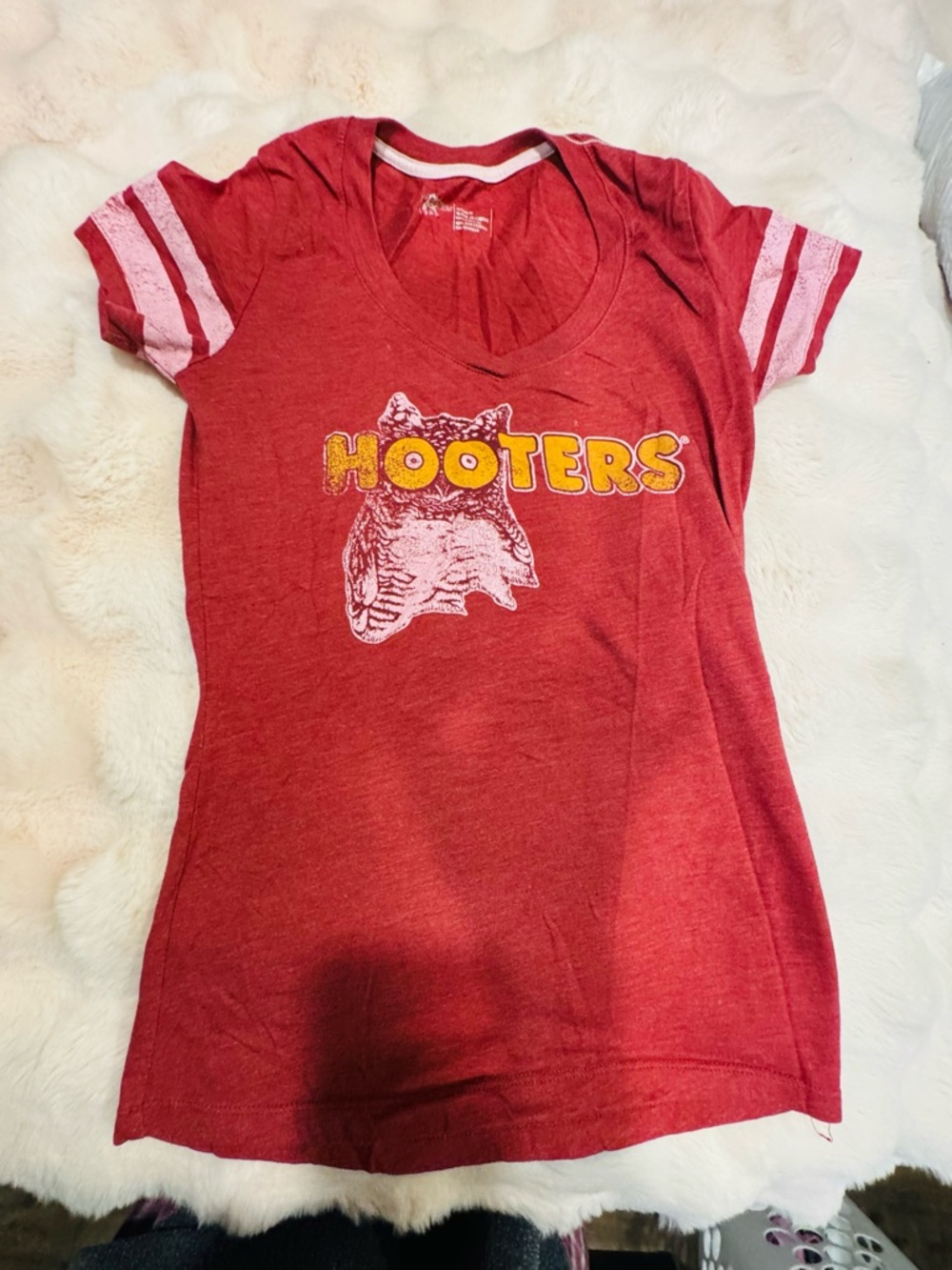 Hooters Red Short Sleeve Tee with White Sleeve Stripes